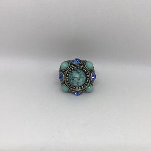 Native American Tribal Turquoise & Rhinestone Boho Elastic Ring